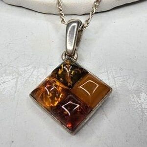 925 Square 4 Tone Faux Amber Pendant with 925 Chain 20"L